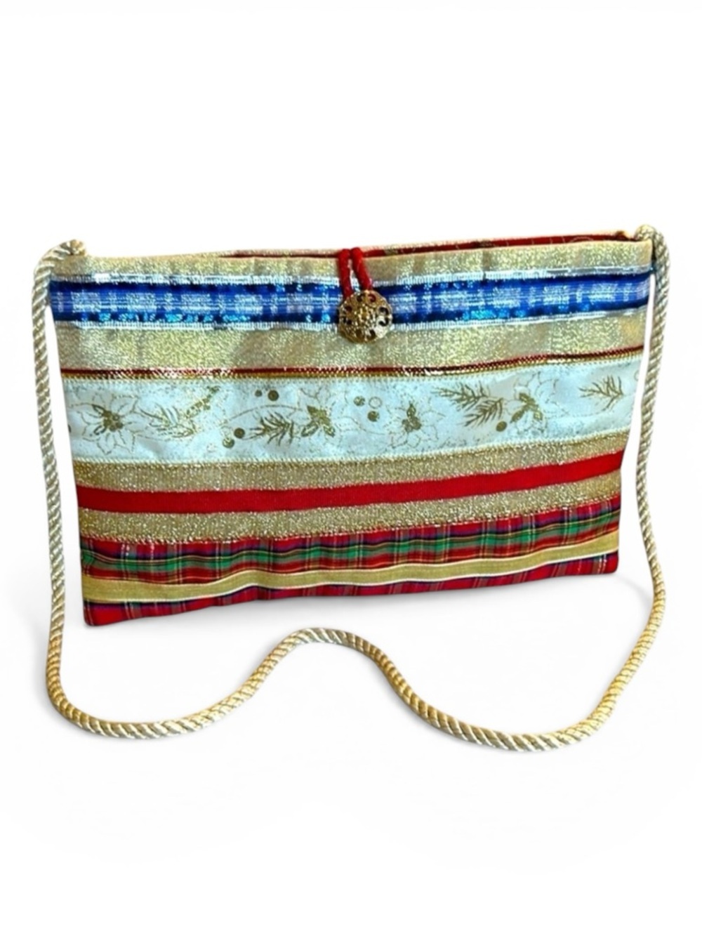 Sparkly Holiday Gold Metallic Ribbon Clutch with Rope Strap